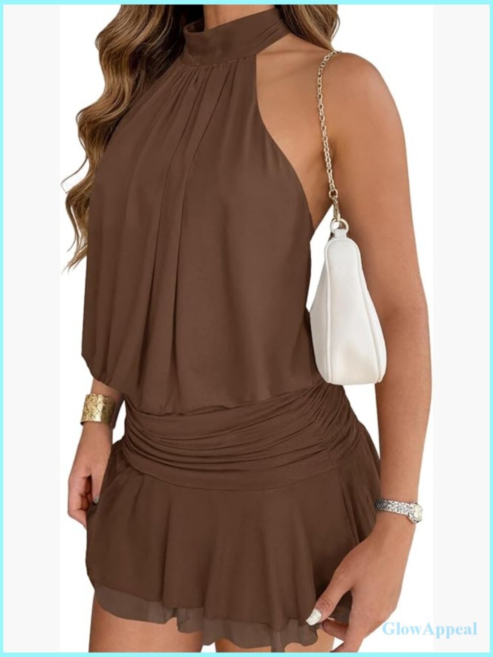 Women's Mesh Halter Mini Dress Sleeveless Tie Open Back Ruched Waist Tiered